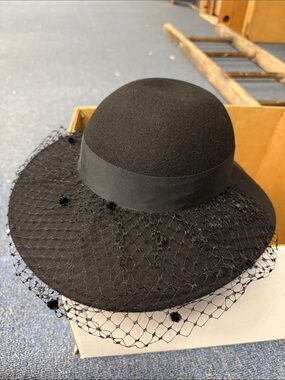 Black Veiled Wool Felt Wide-Brim Hat